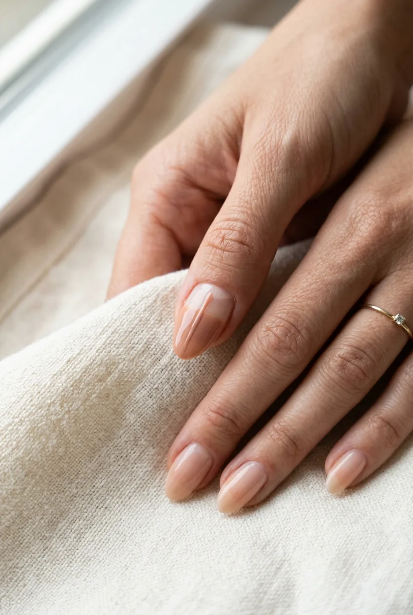 Close-up of a thin warm nude polish coat being applied halfway across a nail resting on cream cloth in natural light