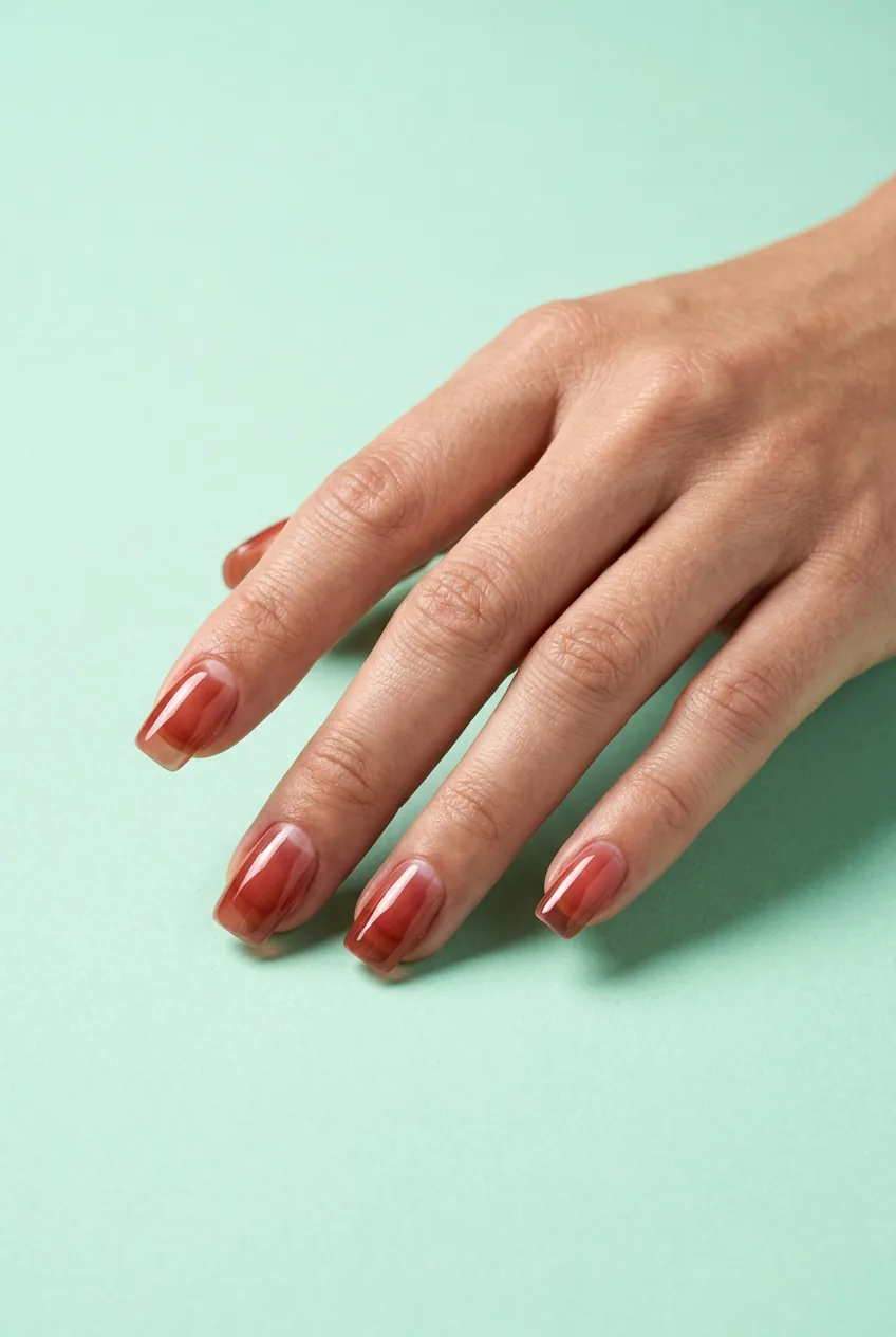 Medium squoval nails in translucent tinted glass rose amber gel finish showing natural nail beneath on a mint backdrop