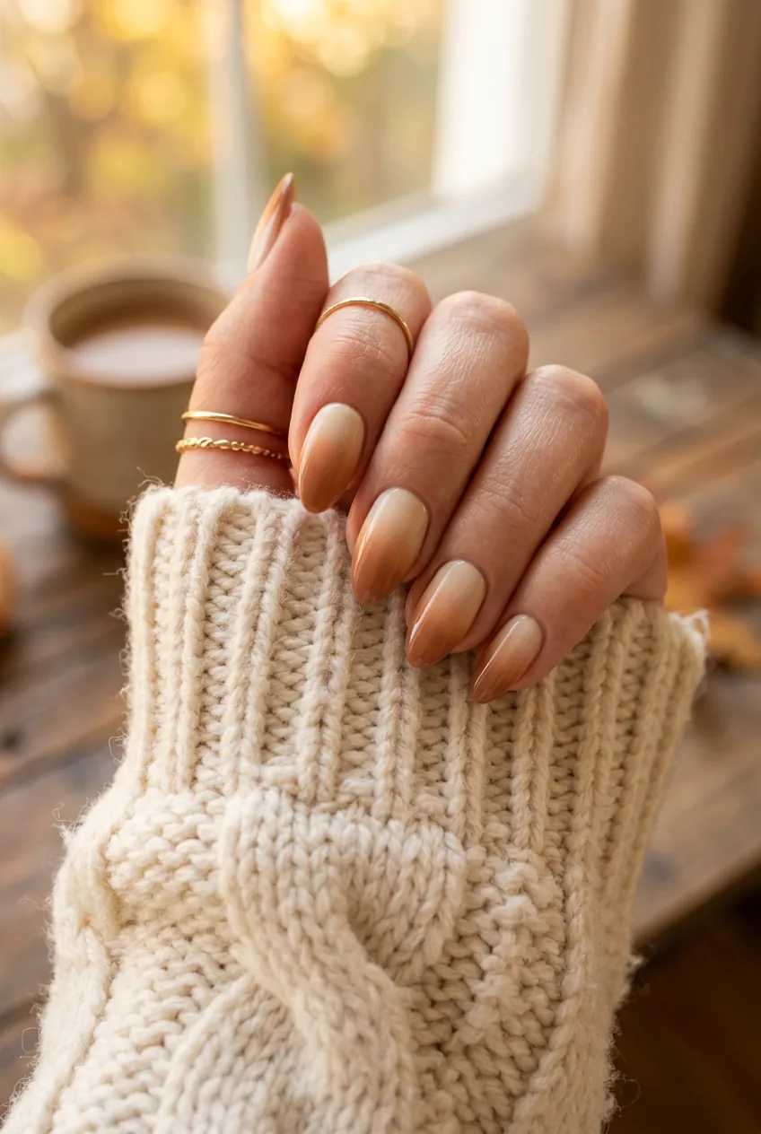 Close-up of manicured hand showing toffee ombré gradient nails from ivory base to warm tips on cream knit sleeve