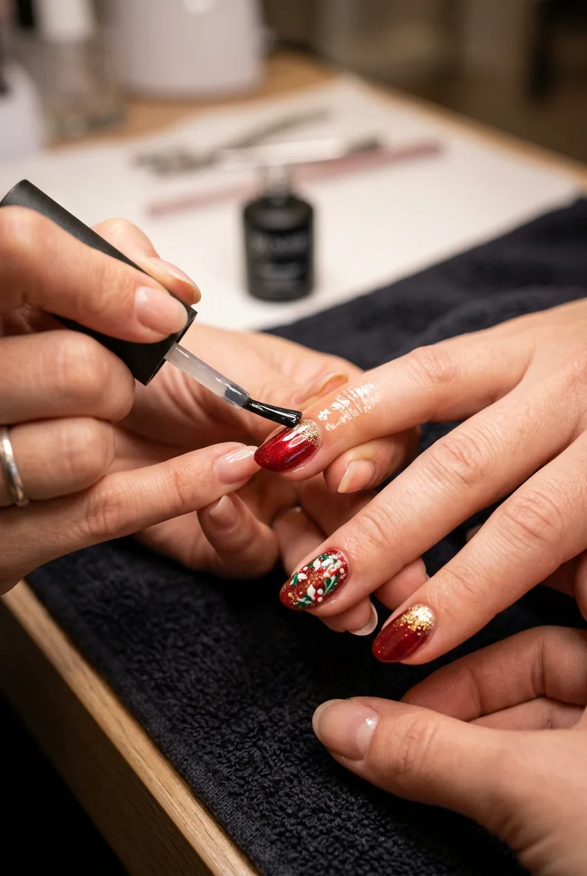 Clear top coat being applied over completed Christmas nail art for protective finish