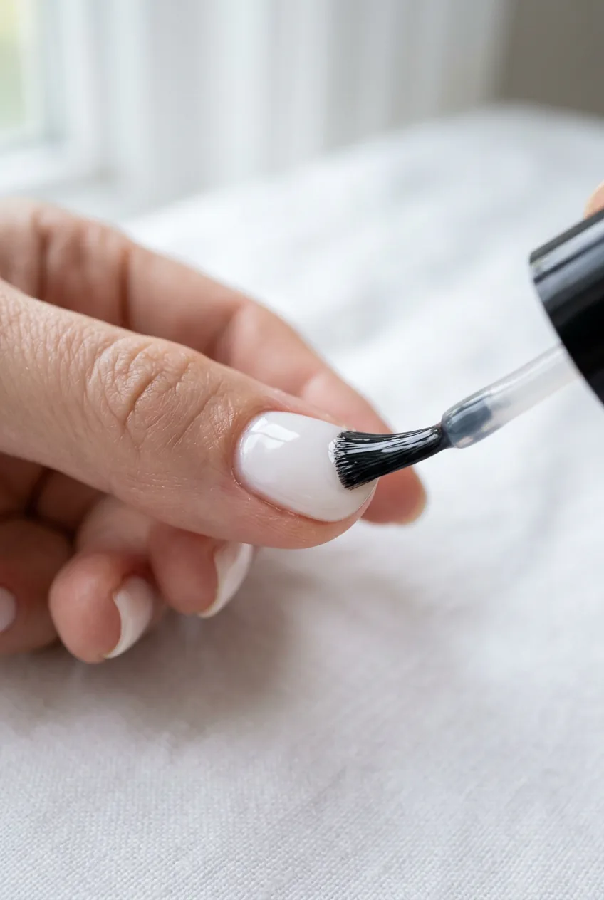 Top coat brush wrapped over the free edge of a glossy milky-white nail, sealing the tip under soft window light