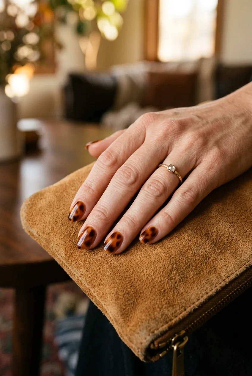 Woman's hand on a tan suede bag showing tortoiseshell nails in warm cognac and espresso with soft blurred organic edges