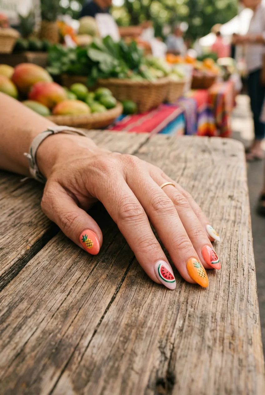Hand-painted tropical fruit nail art featuring pineapples and watermelons on wooden market table