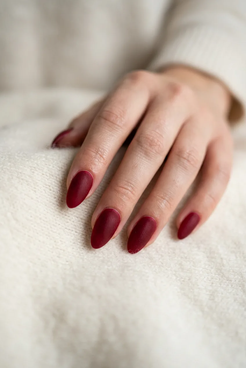 Medium-length nails in deep cherry red velvet matte finish resting on cream cashmere fabric in elegant natural diffused light