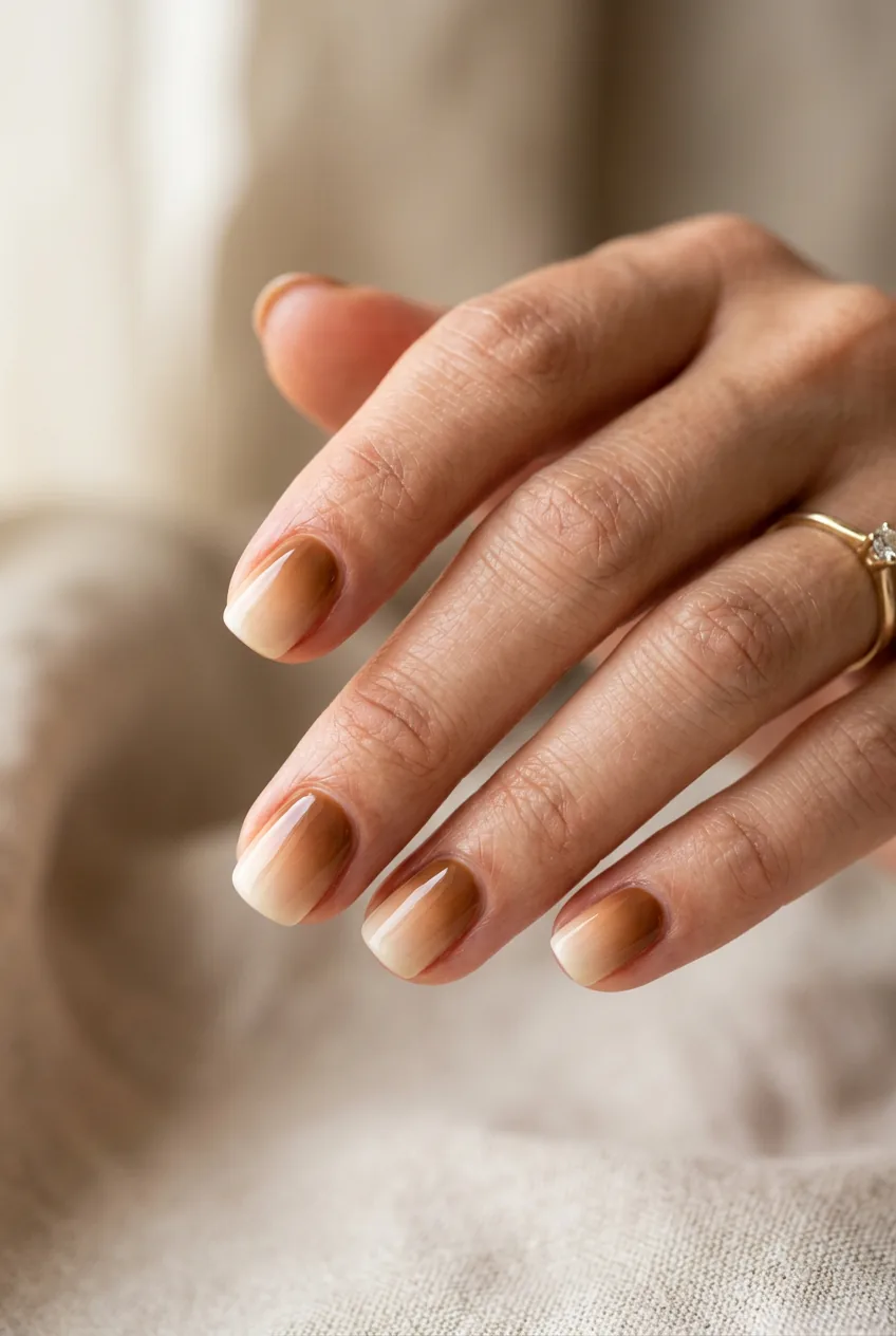 Woman's hand with short nails showing caramel to cream gradient ombre effect with seamless blending