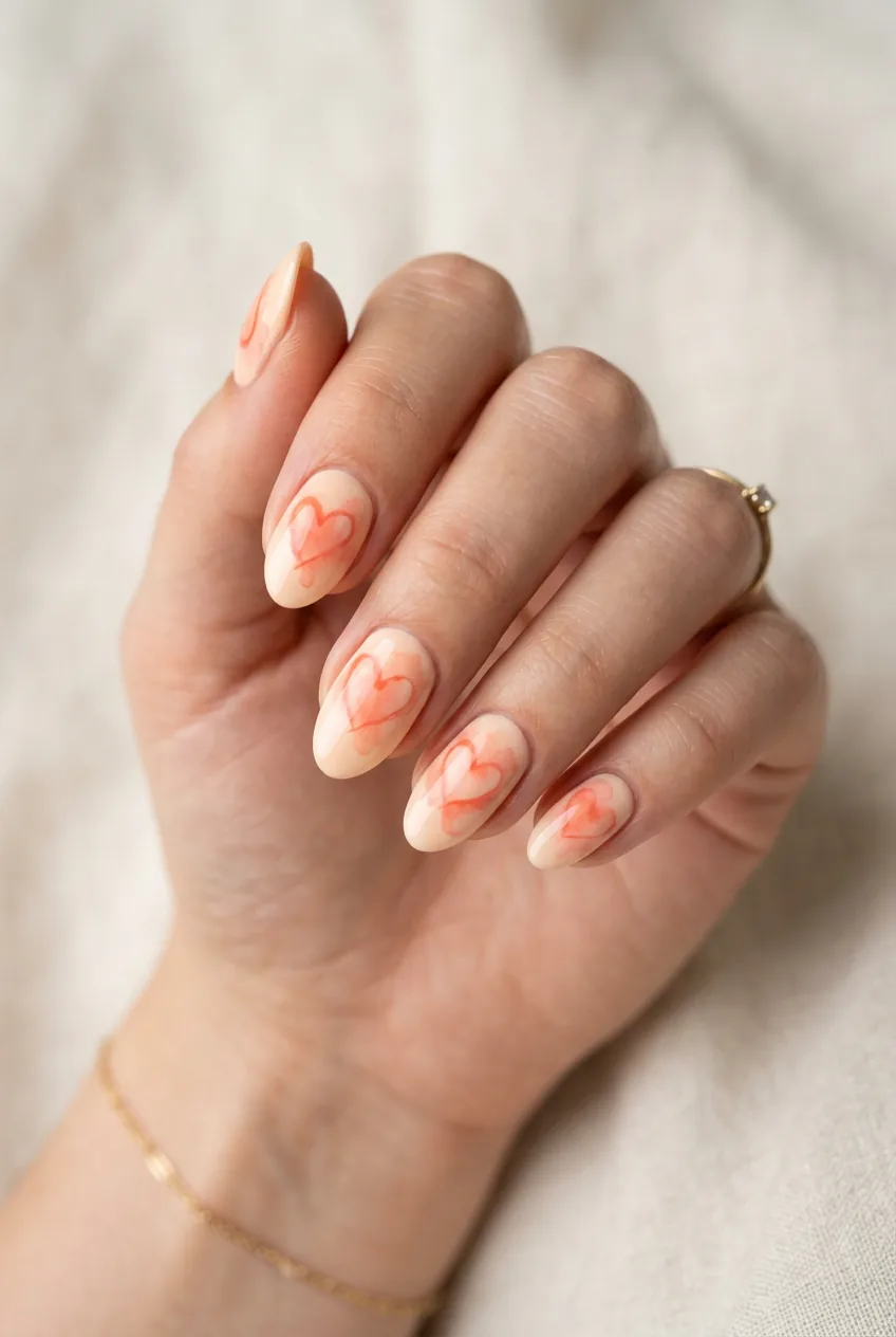 Woman's hand displaying watercolor heart wash design with coral bleeding into peach in soft airy effect