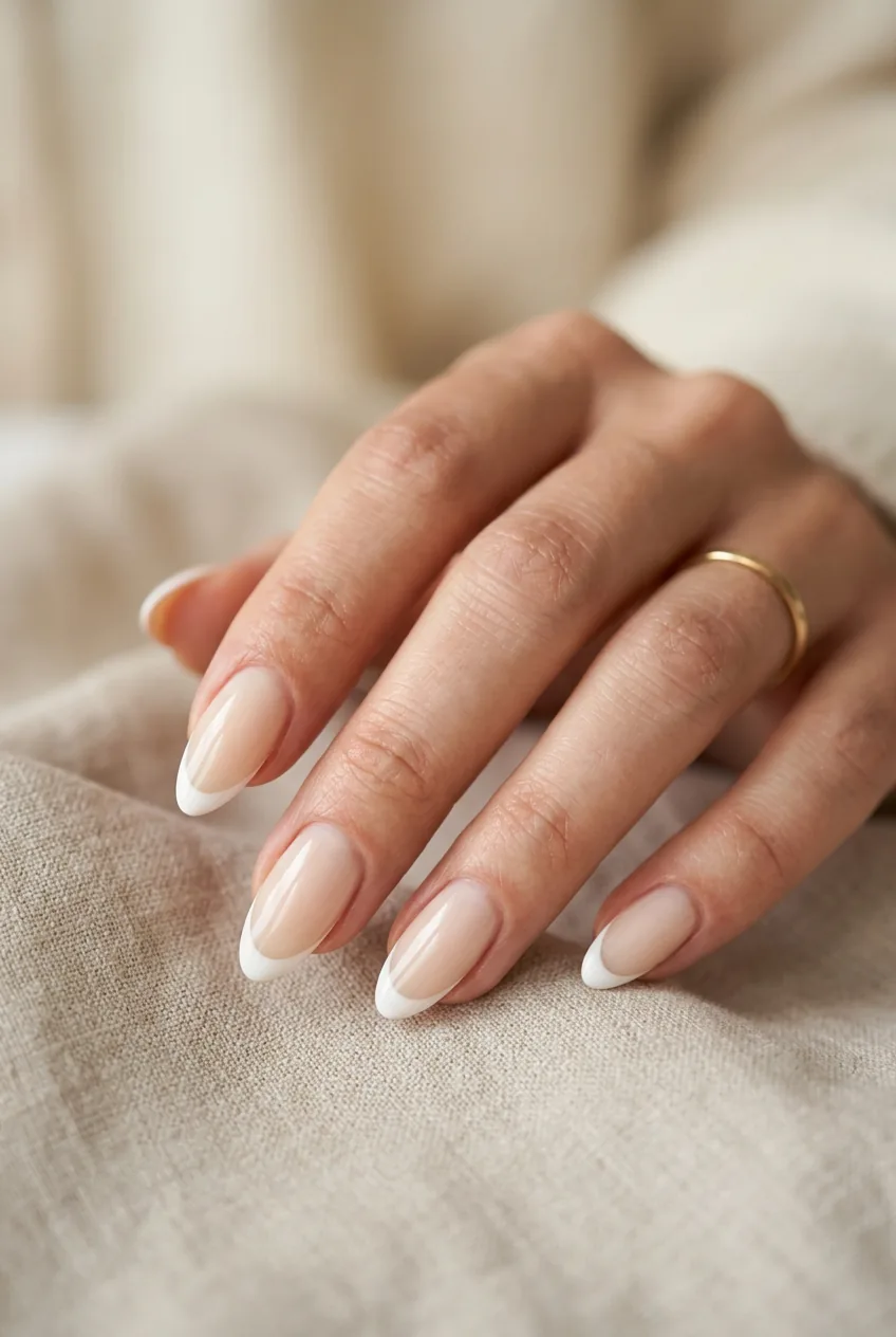 Woman's hand with almond-shaped nails featuring translucent white French tips over cream base in soft lighting