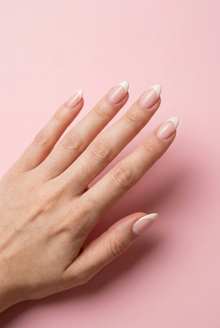 Close-up of medium almond-shaped nails with a soft off-white whisper French tip on a pastel pink backdrop