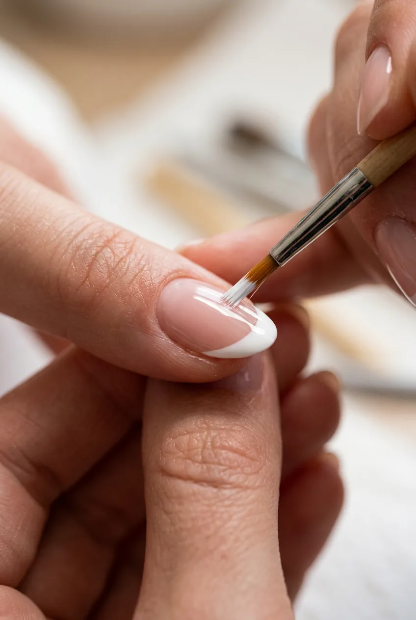 Extreme macro close-up of white nail polish being swept along the tip of a nail in a gentle smile curve