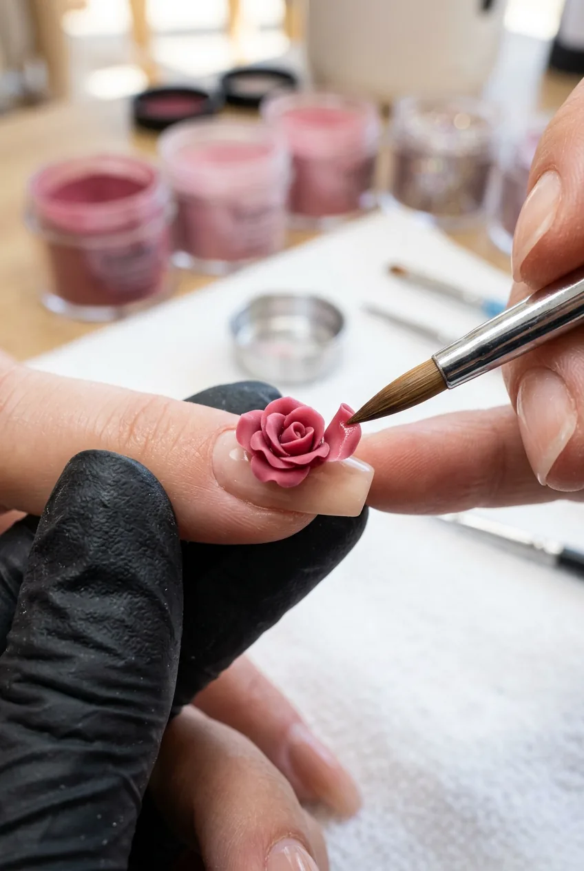Nail tech sculpting a rose petal from pink acrylic powder on a nail, curling the edge upward with a brush