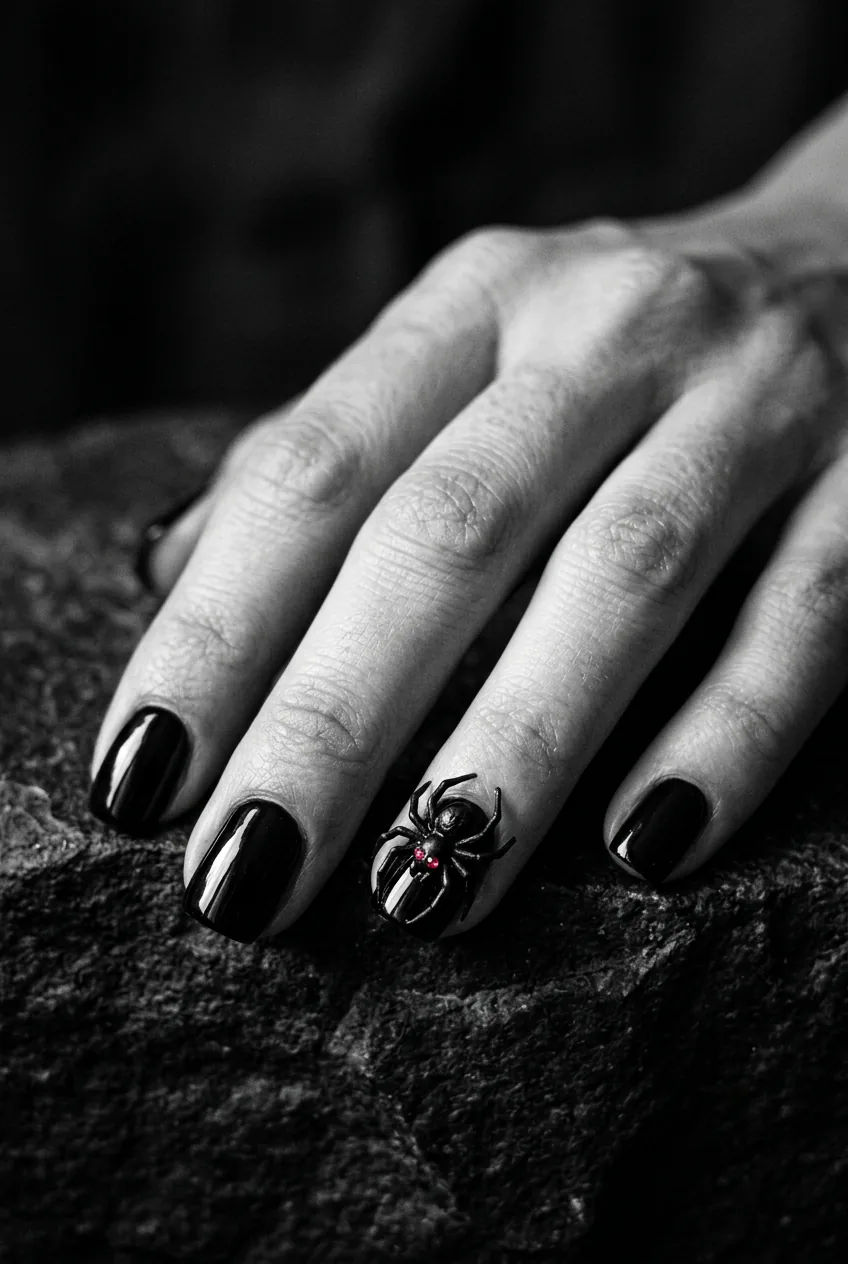 Hand resting on dark surface showing glossy black nails with a dimensional sculpted 3D spider and tiny ruby rhinestone eyes