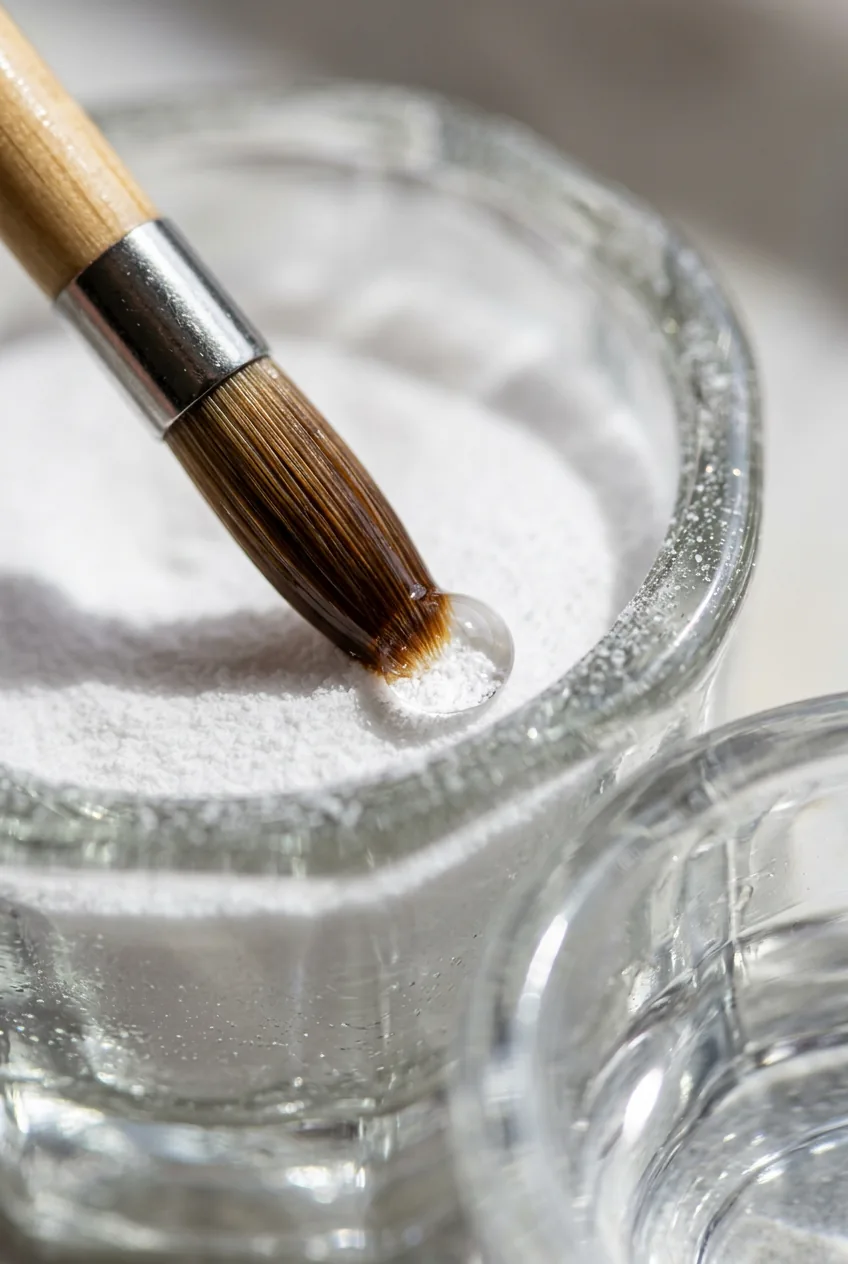 Kolinsky brush tip forming a glossy acrylic bead from white powder in a glass dappen dish under bright light