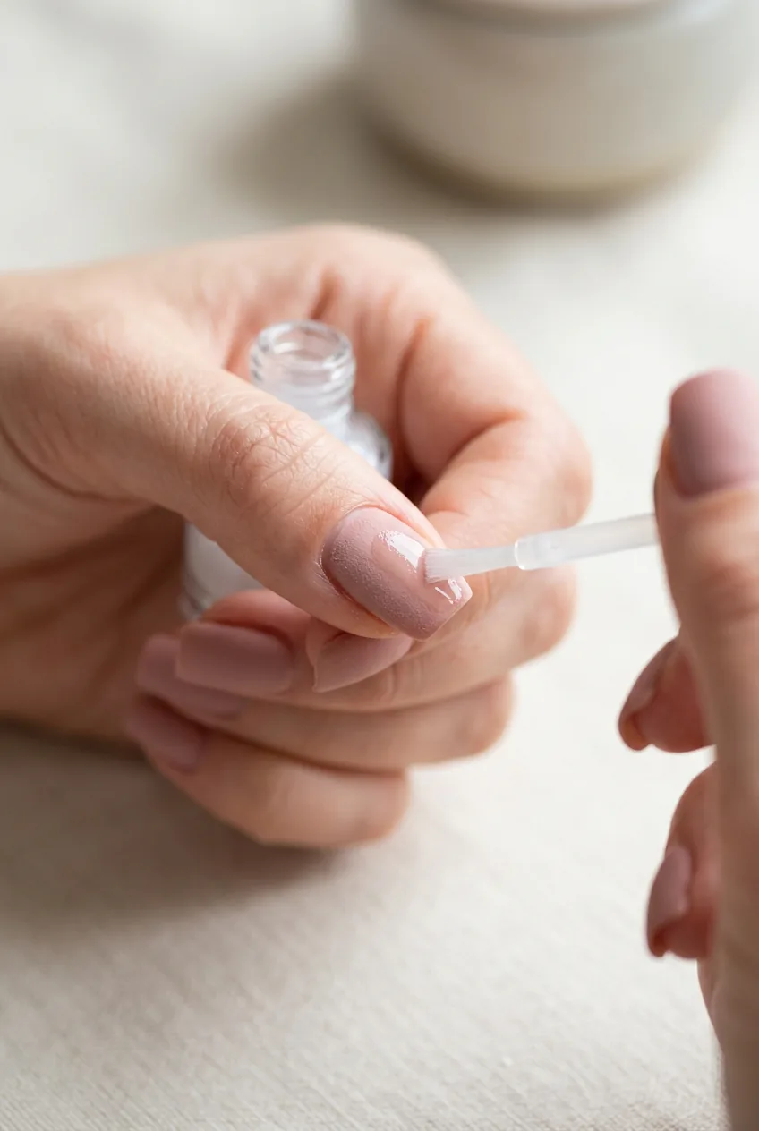 Close-up of activator liquid being brushed across a cured rose beige dip powder nail, creating a slight sheen on the chalky surface