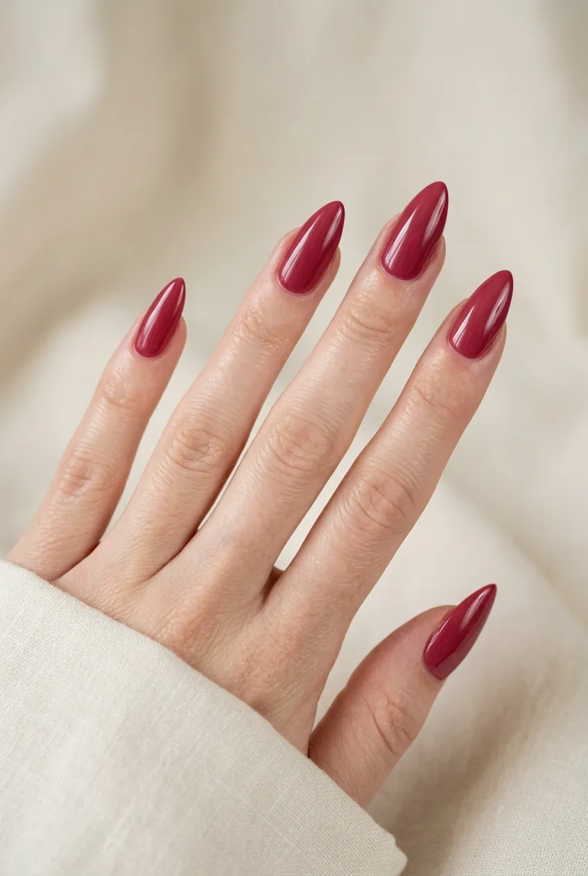 Woman's hand showing almond-shaped nails in deep rose with dramatically tapered tips under studio lighting