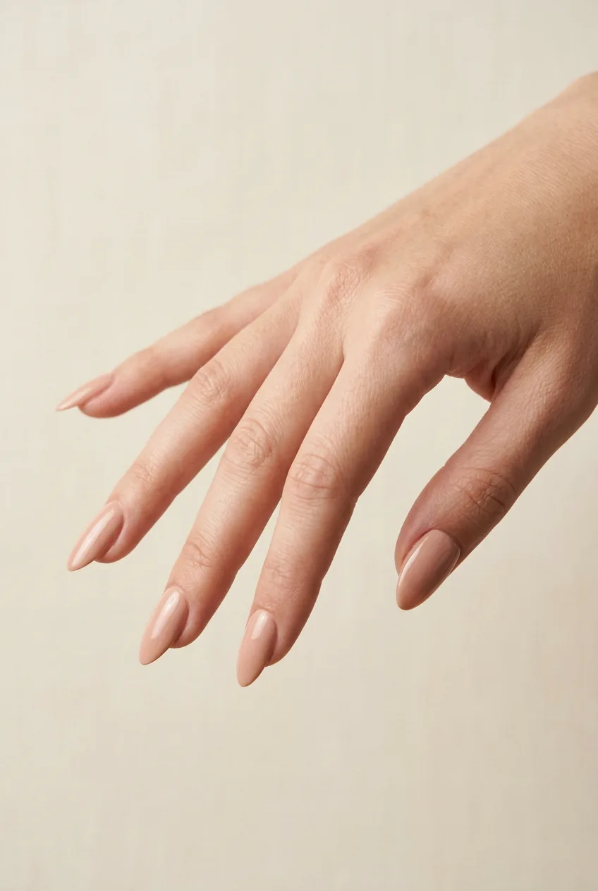 Close-up of almond-shaped nails in warm nude polish with clearly tapered side walls on cream background