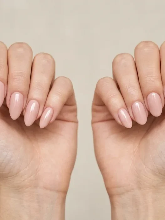 Two women's hands side by side showing almond and oval nail shape comparison in studio lighting