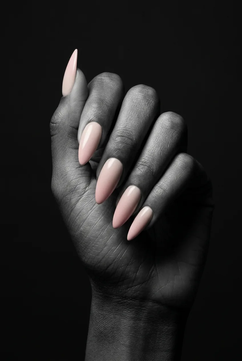 Manicured hand with almond-to-stiletto nails in a soft nude-to-blush ombre fade converging toward a fine point against matte black background