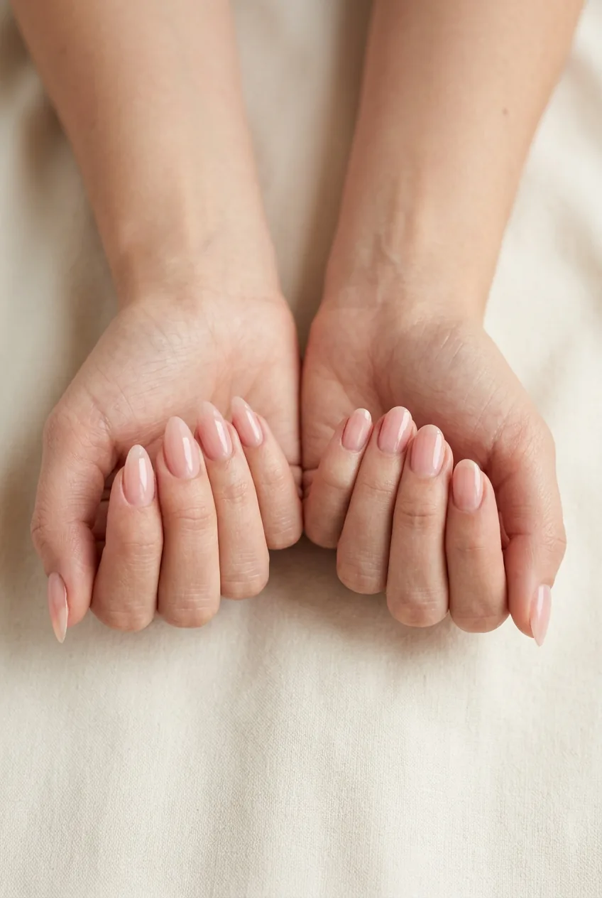 Two hands placed side by side comparing almond versus oval nail shapes in sheer pink polish
