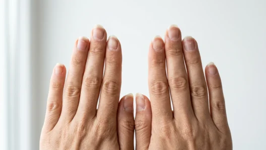 Hands held up at eye level showing long natural nails being assessed before shaping in bright daylight