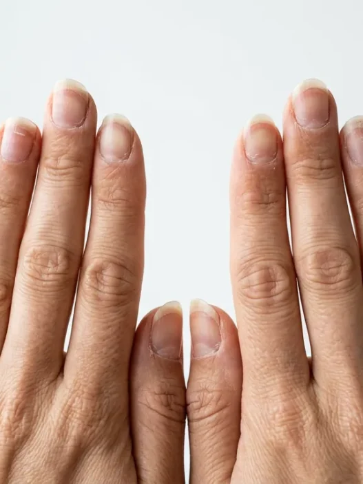 Hands held up at eye level showing long natural nails being assessed before shaping in bright daylight