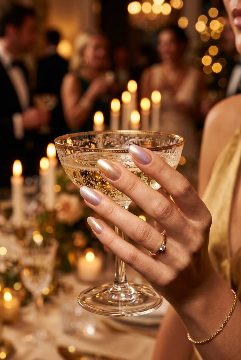 Close-up of manicured hand with aurora chrome nails shifting from champagne to lilac tones in golden light