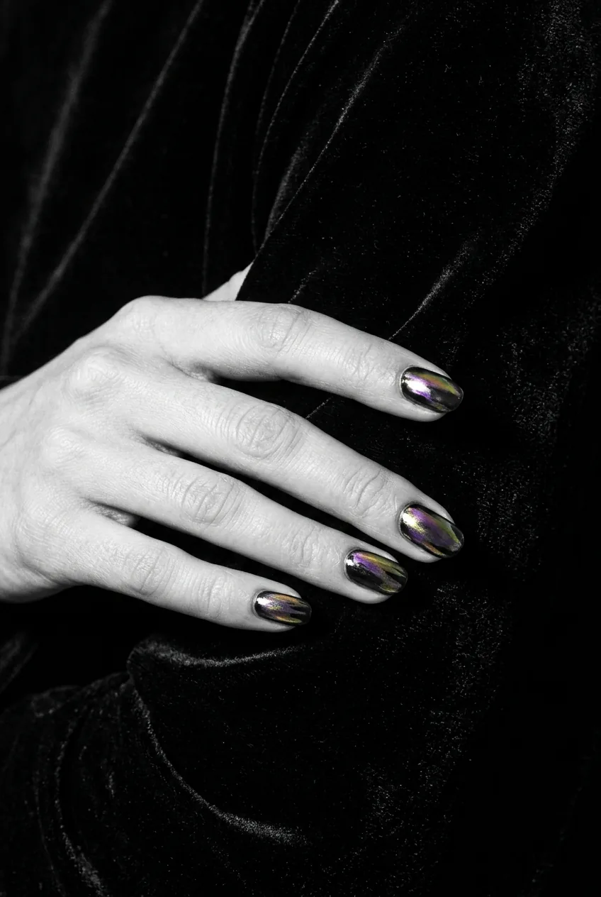 Manicured nails showing aurora chrome pigment smeared abstractly over near-black base catching iridescent reflections under dramatic raking side light