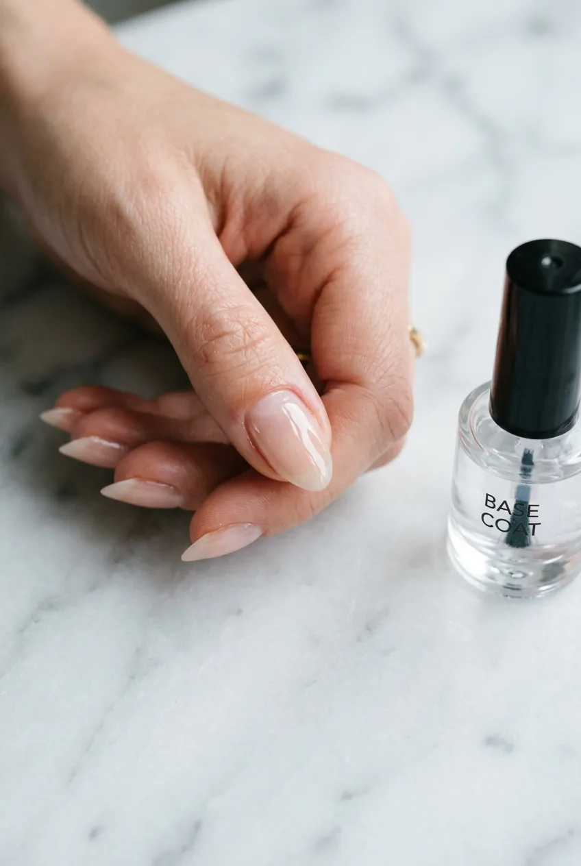 Macro close-up of a woman's clean shaped nails with base coat applied beside a bottle on a marble surface