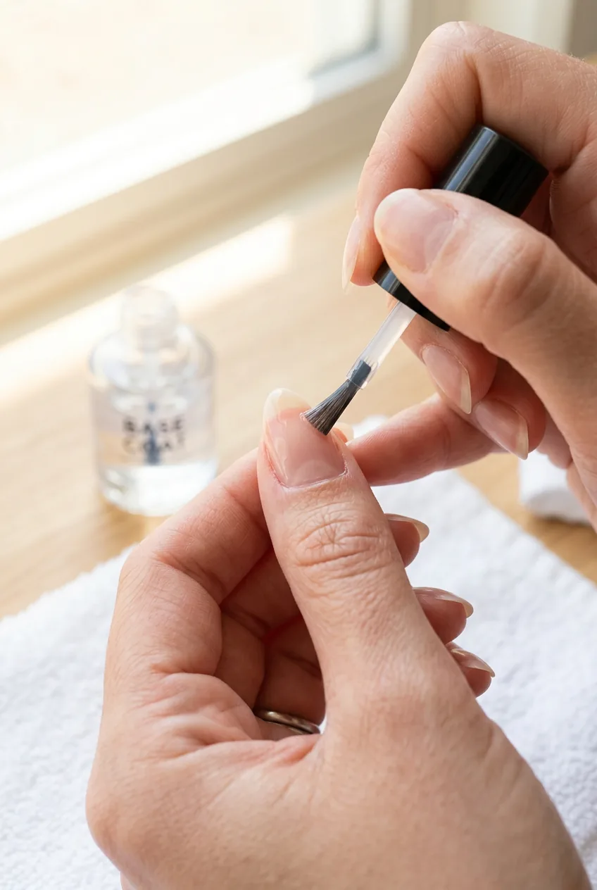 Close-up of a thin layer of clear base coat adhesive being applied to a shaped natural nail with a small brush, precise cuticle-free application