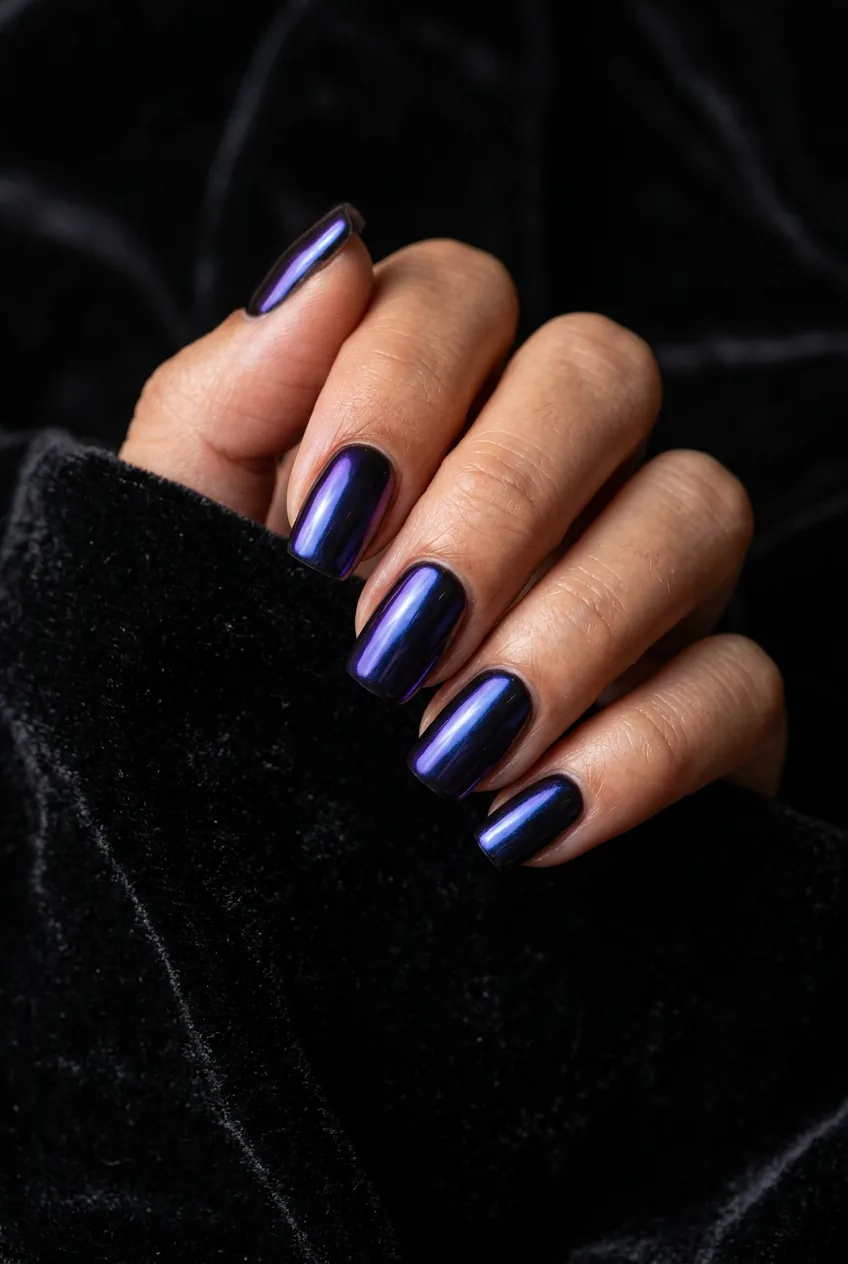 Squoval-shaped nails with black gel base and blue-violet chrome powder finish against dark velvet fabric