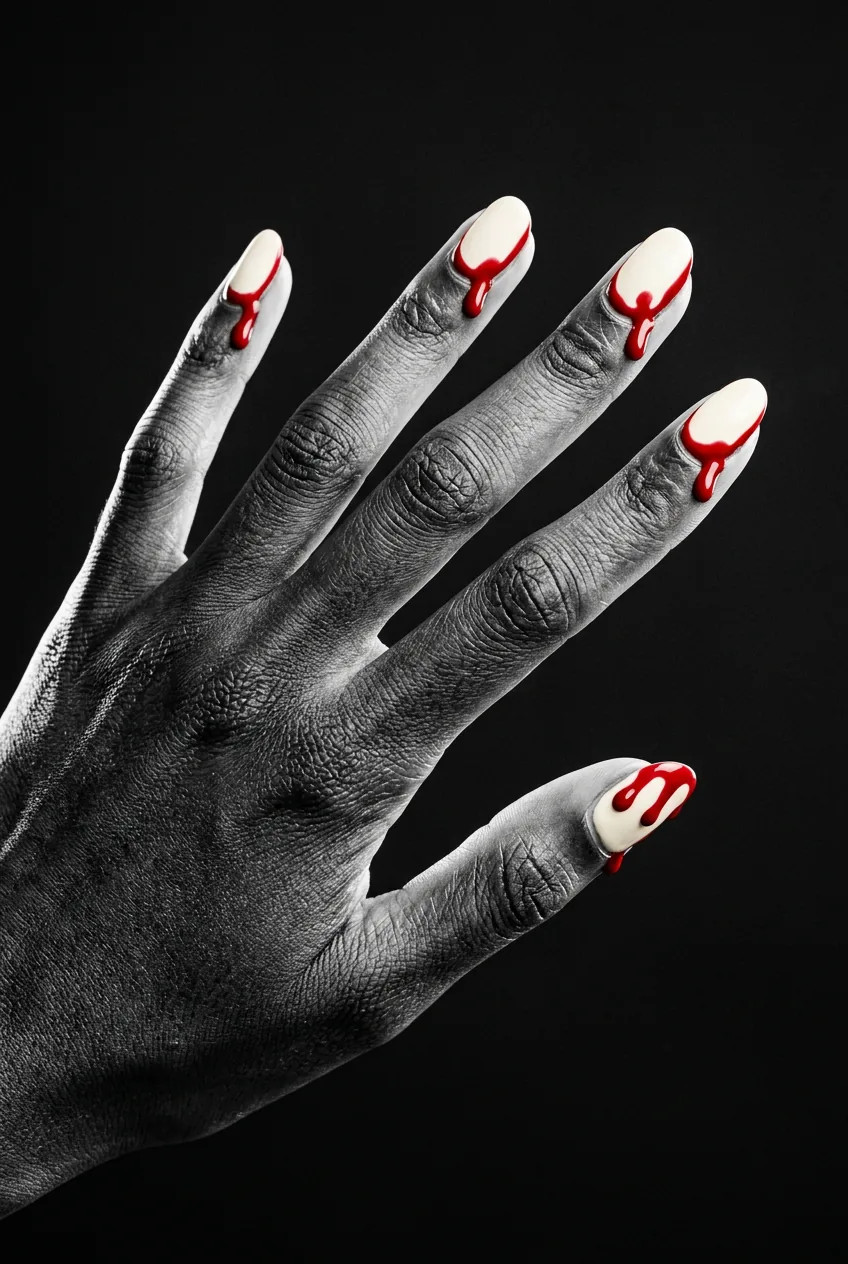 Outstretched fingers displaying pale ivory nails with dripping blood-red tip detail cascading from free edge