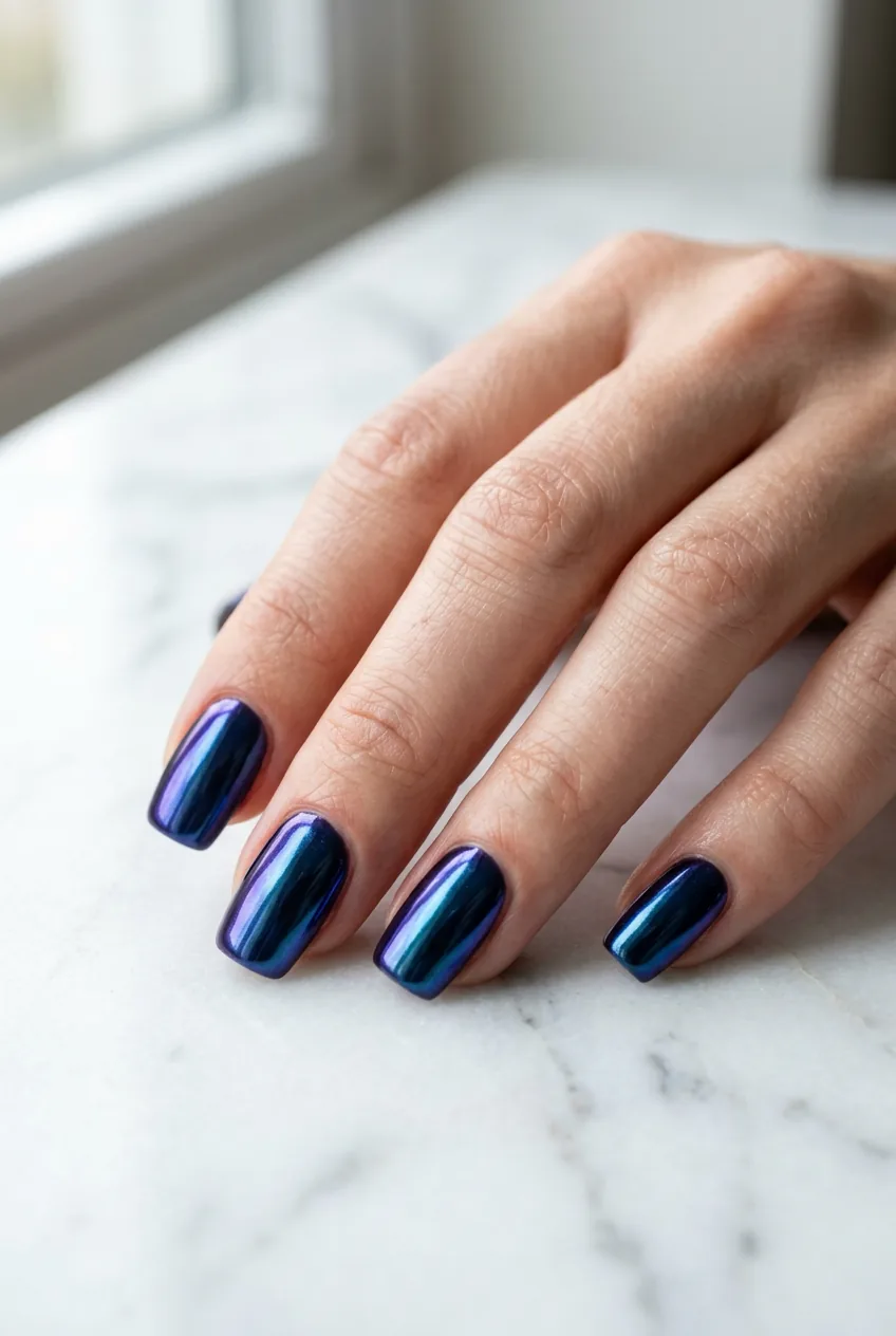 Extreme close-up of deep navy gel nails with blue-violet chrome powder finish resting on white marble