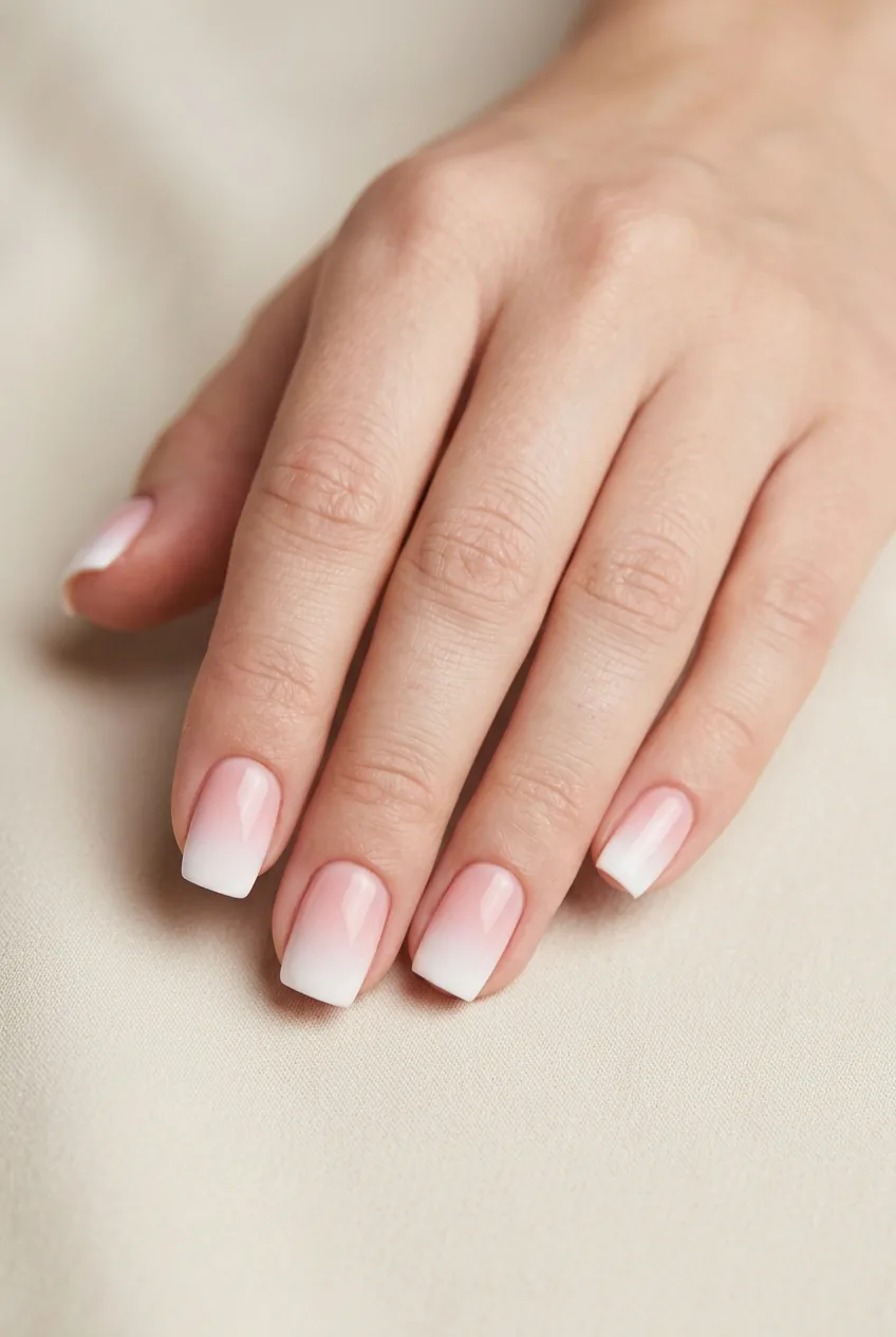 Five short square nails showing tight blush to white sponge ombre gradient in soft studio lighting