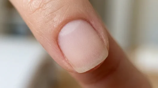 Close-up of a freshly buffed nail surface showing uniform matte texture after filing prep under warm light