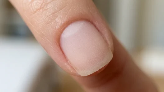 Close-up of a freshly buffed nail surface showing uniform matte texture after filing prep under warm light