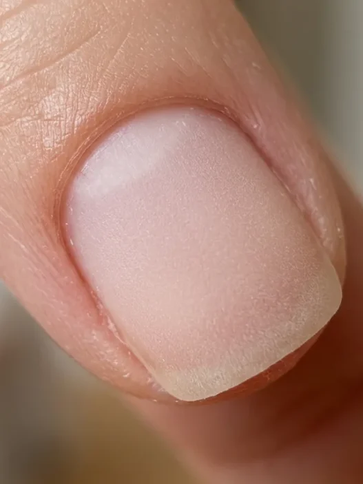 Close-up of a freshly buffed nail surface showing uniform matte texture after filing prep under warm light