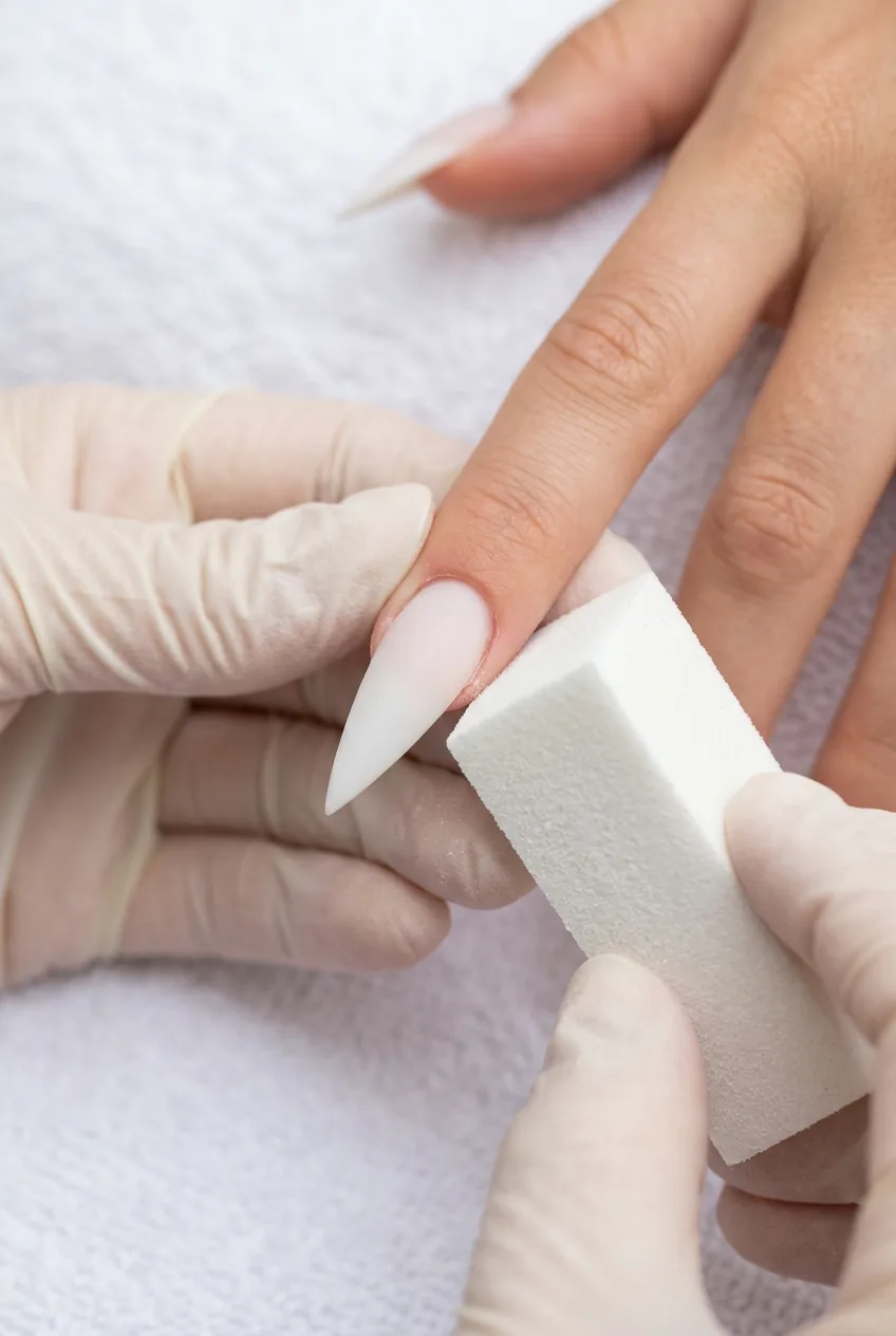Fine-grit buffer block smoothing the side walls of a freshly shaped stiletto nail showing sharp point clearly