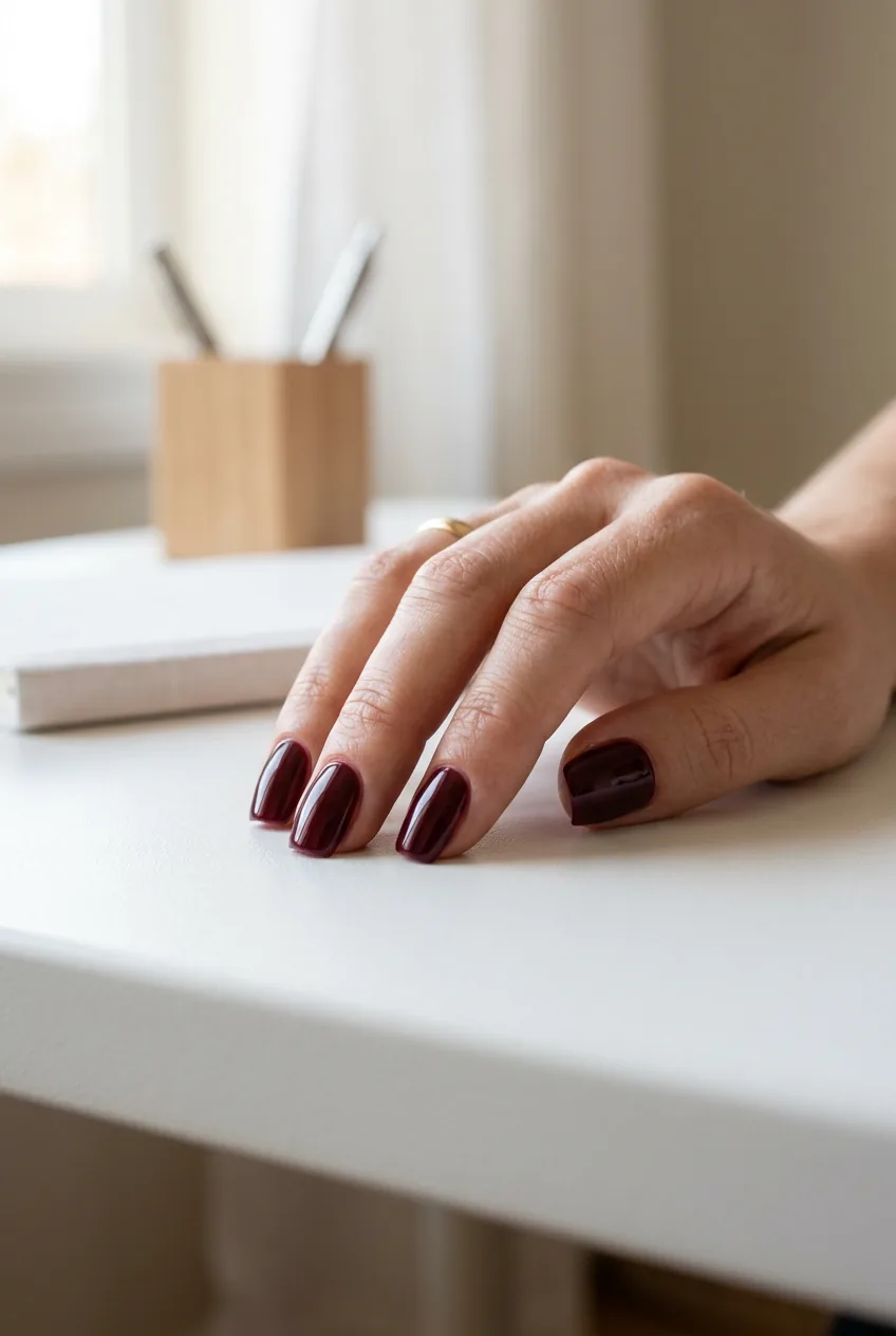 Close-up side view of a woman's hand with deep burgundy squoval nails resting on a white desk surface