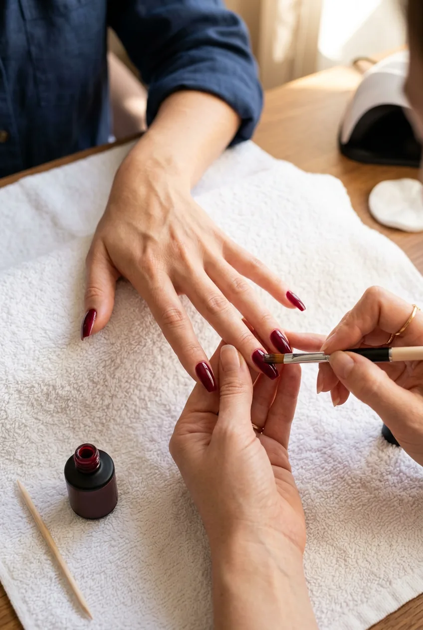 Overhead close-up of deep burgundy gel polish being applied to coffin nails with a flat brush