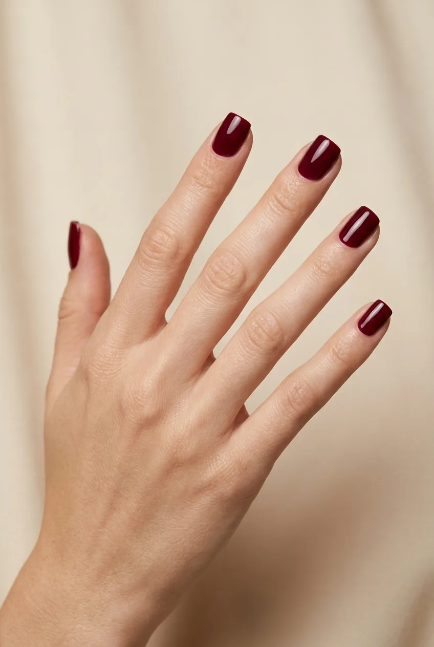 Woman's hand with short square nails in deep opaque burgundy wine red polish in clean studio lighting