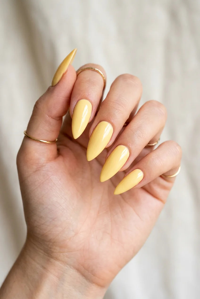 Woman's hand showing five stiletto nails in soft butter yellow gel polish with bright clean studio lighting