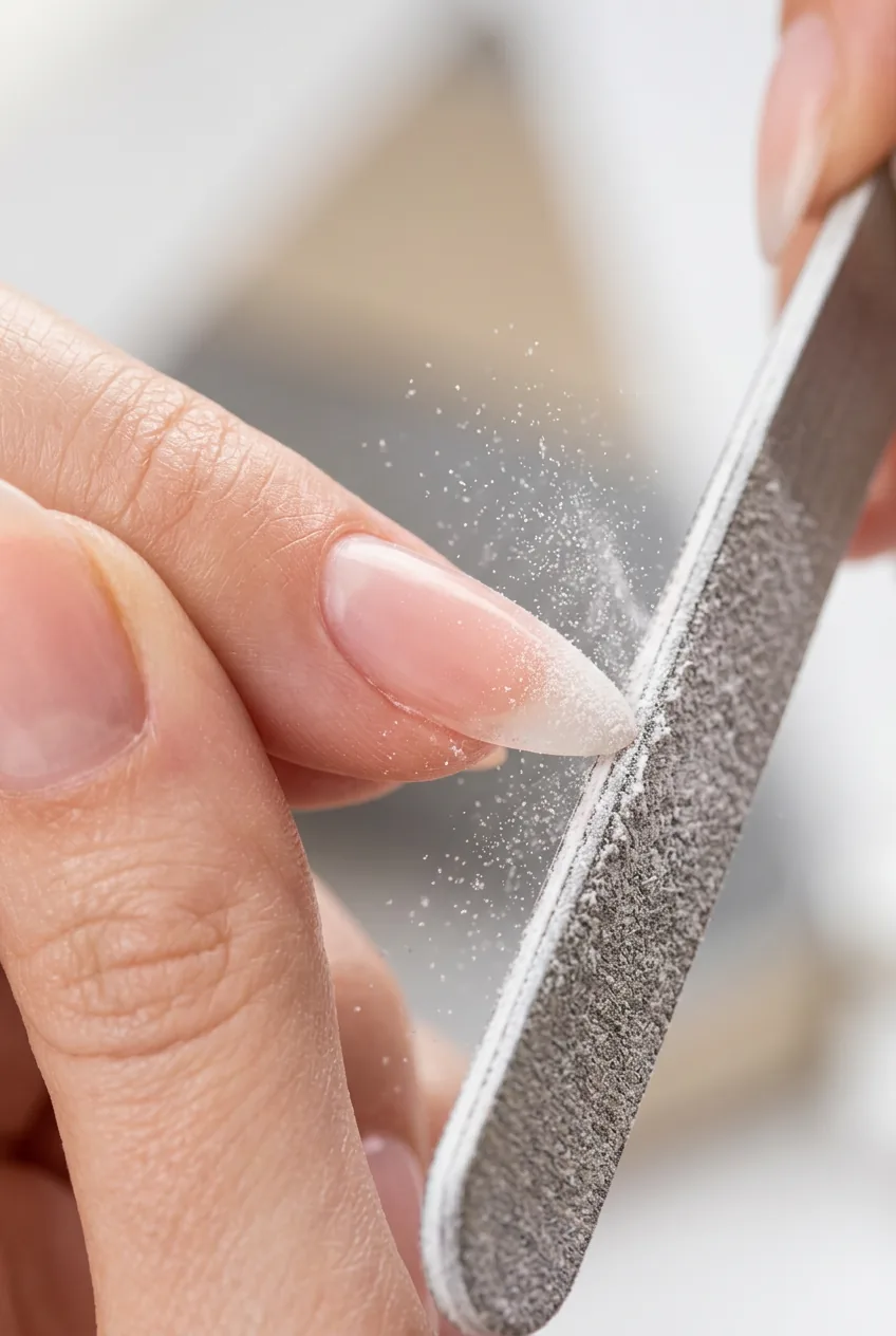 Nail file held perpendicular to the free edge of an almond acrylic nail to cap the tip during filing step