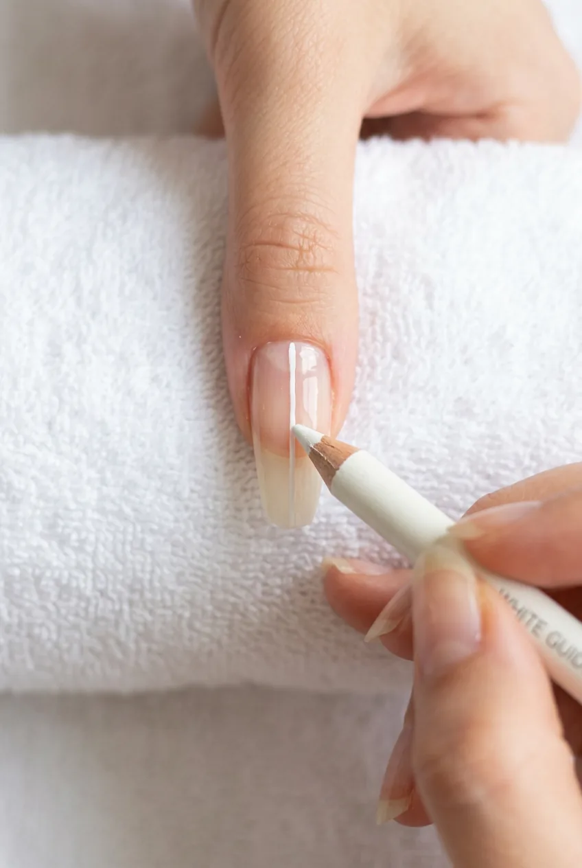 White eyeliner pencil drawing a center symmetry guideline down the middle of a long natural nail on white towel