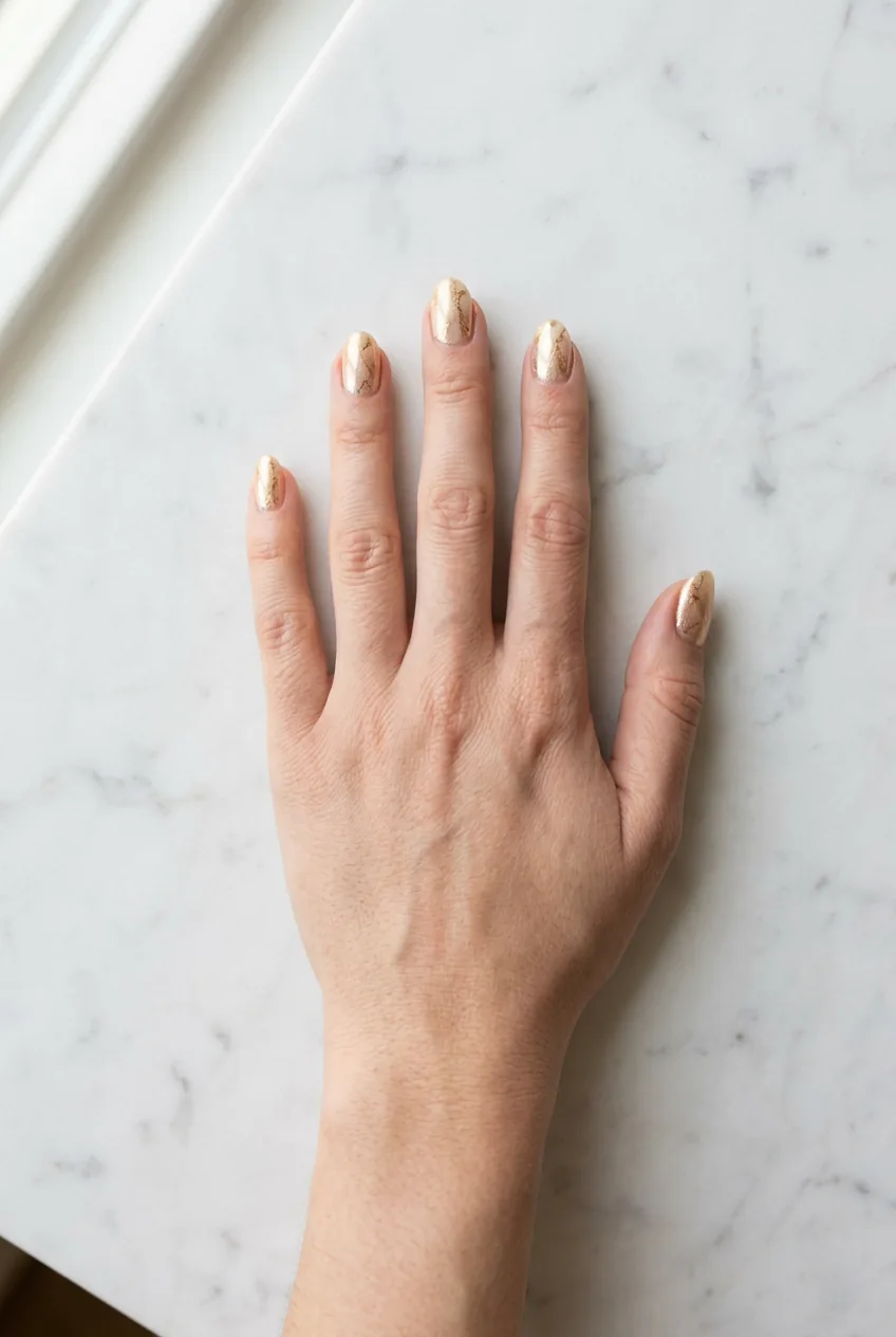 Hand resting on white marble surface showing champagne gold marble nails with fine gold veining catching warm light
