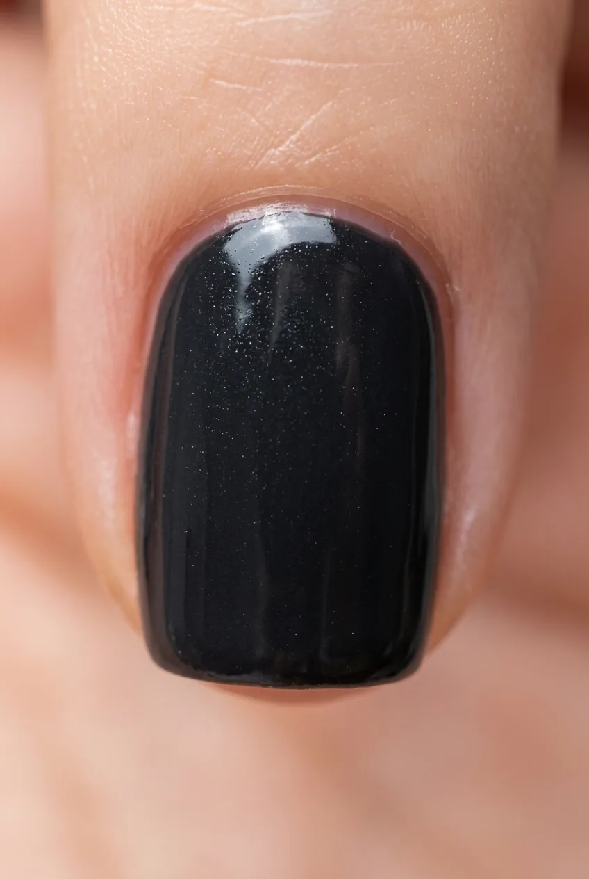 Extreme close-up of a deep charcoal gel polish second coat on a nail with a glossy wet finish under overhead light
