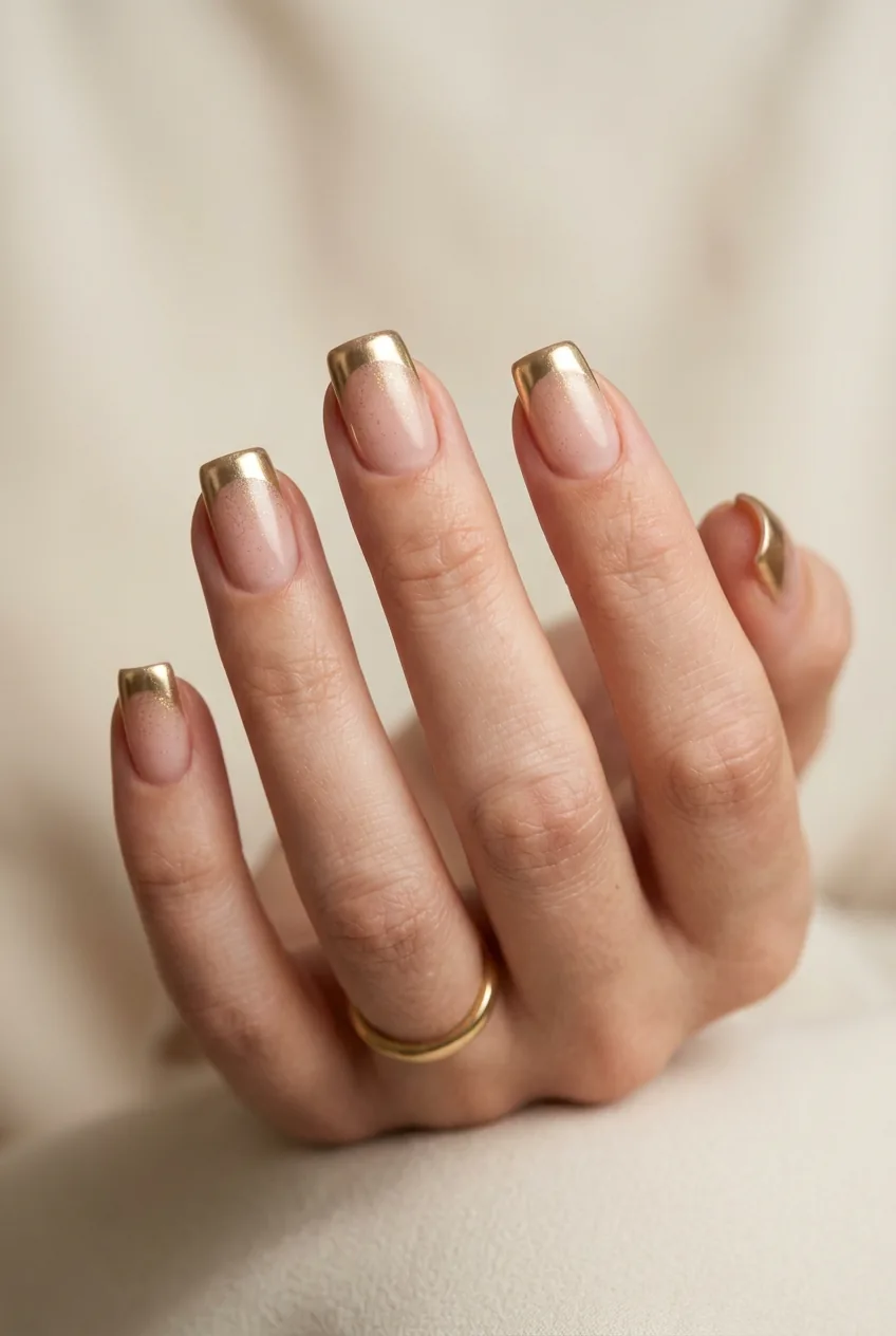 Woman's hand showing short square nails with gold chrome powder dusting on nude base, catching studio light