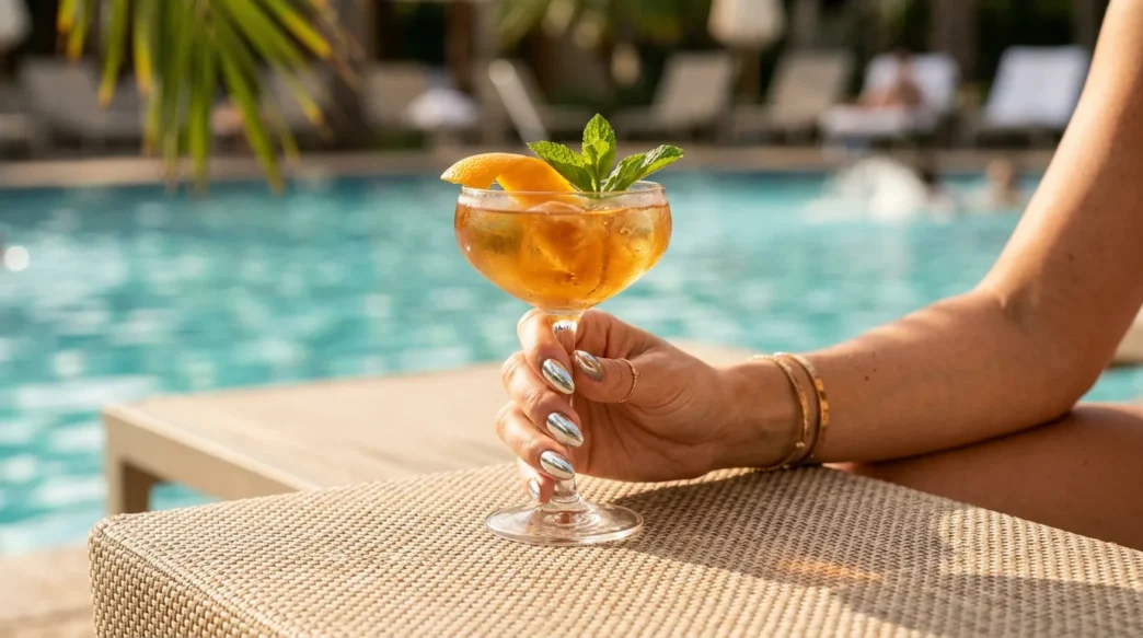 Woman's hand with chrome silver nails holding citrus cocktail glass on sunlit pool deck with turquoise water bokeh