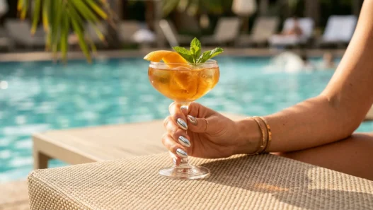 Woman's hand with chrome silver nails holding citrus cocktail glass on sunlit pool deck with turquoise water bokeh