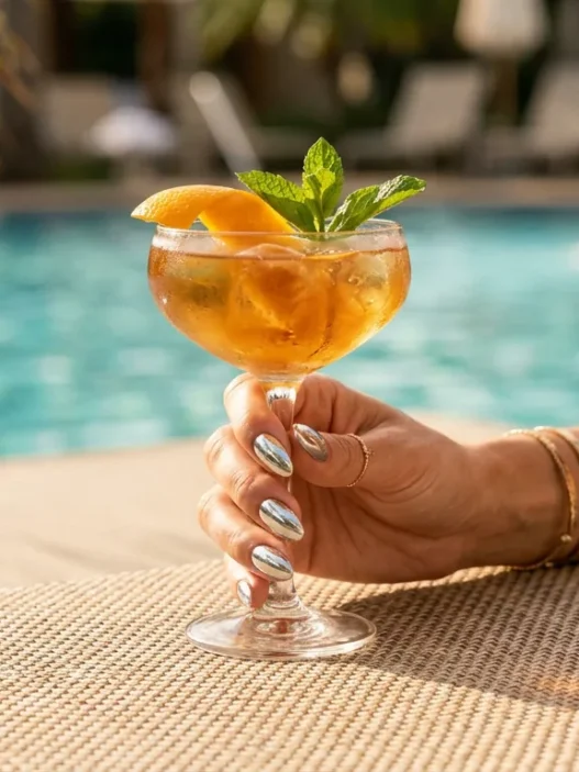 Woman's hand with chrome silver nails holding citrus cocktail glass on sunlit pool deck with turquoise water bokeh