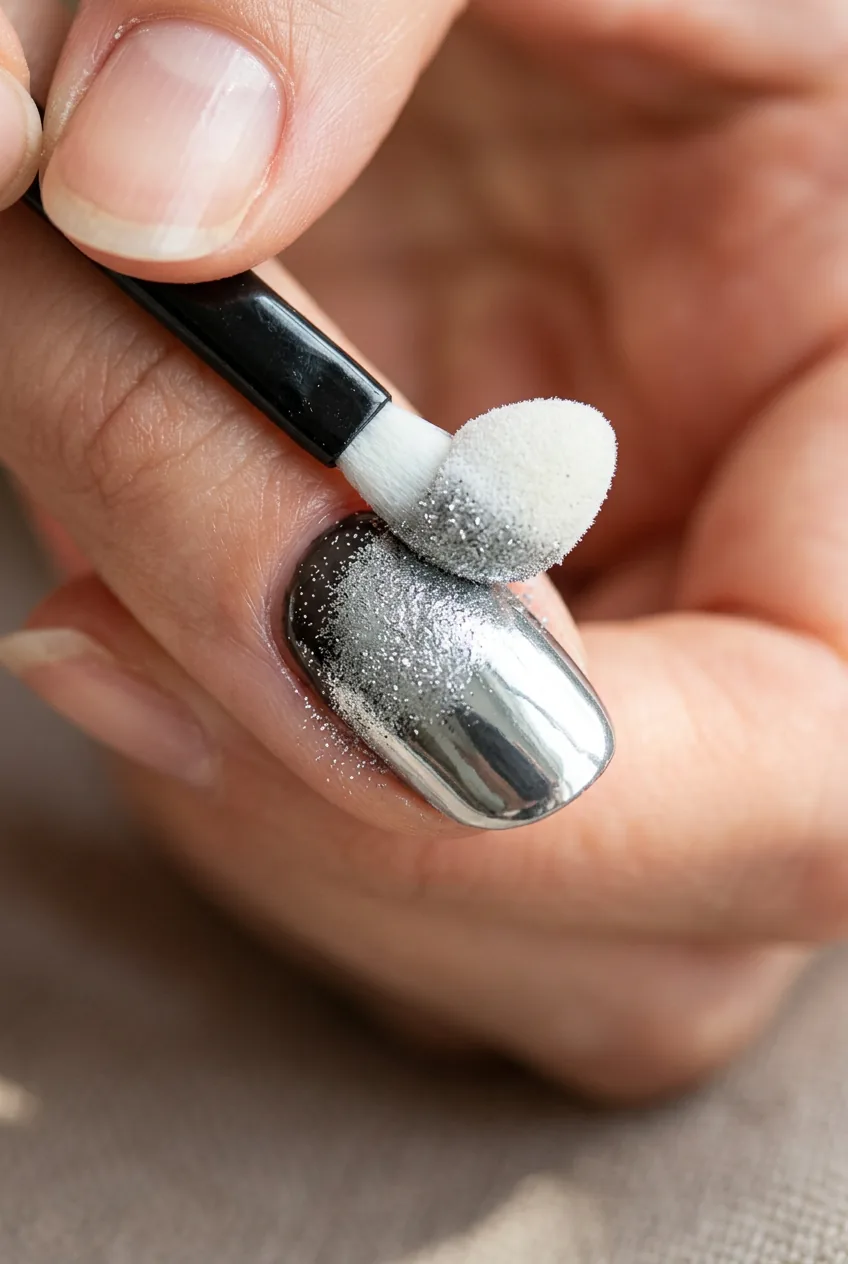 Small foam applicator buffing silver chrome powder onto a tacky gel top coat with metallic mirror finish forming under bright light