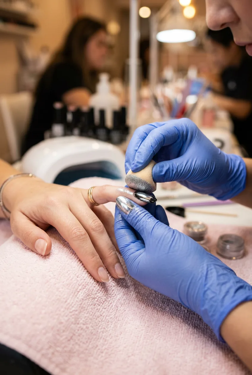 Nail technician applying chrome powder to a client's freshly cured gel nail with soft applicator sponge